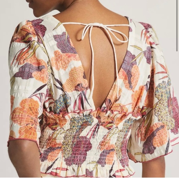 By | Anthropologie Plunging V Neck Smocked Kimono Blouse Medium - Picture 2 of 8
